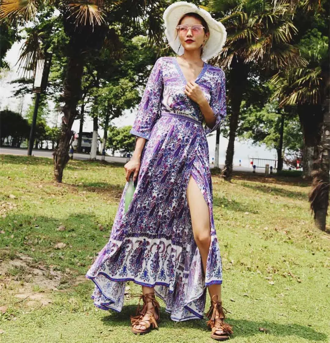 Женское пляжное платье с v-образным вырезом Boho винтажное длинное поясом и