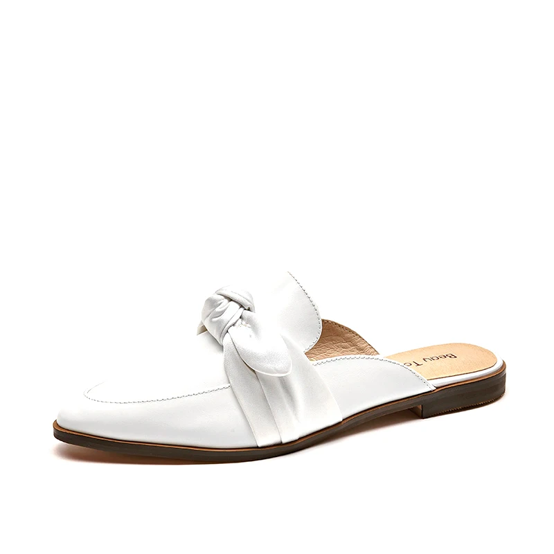 White BeauToday/женские туфли без задника из коровьей кожи, шелка, с бантом, на низком каблуке, с острым носком, без шнуровки; женские туфли на плоской подошве; шлепанцы ручной работы; 36115 - Цвет: White
