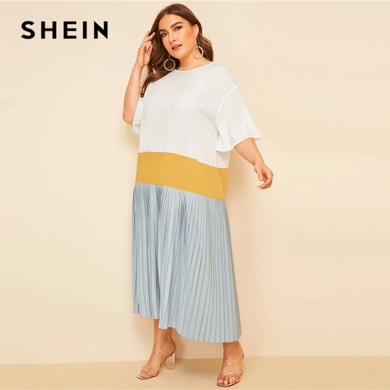 SHEIN, разноцветное плиссированное платье с открытыми плечами размера плюс,, женское летнее Повседневное платье-туника с рукавом до локтя