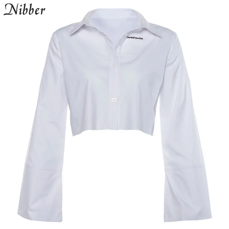 Nibber2019 весна лето Офисная Леди Белый укороченный топ Женская футболка элегантный уличный длинный рукав Базовая Повседневная футболка с вышивкой mujer - Цвет: Белый
