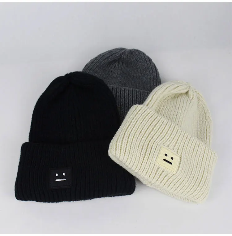 Зимние Для женщин шапка Beanie Мода Повседневное, сплошной цвет теплый Кепки улыбающееся лицо, хип-хоп шляпа мужской женский