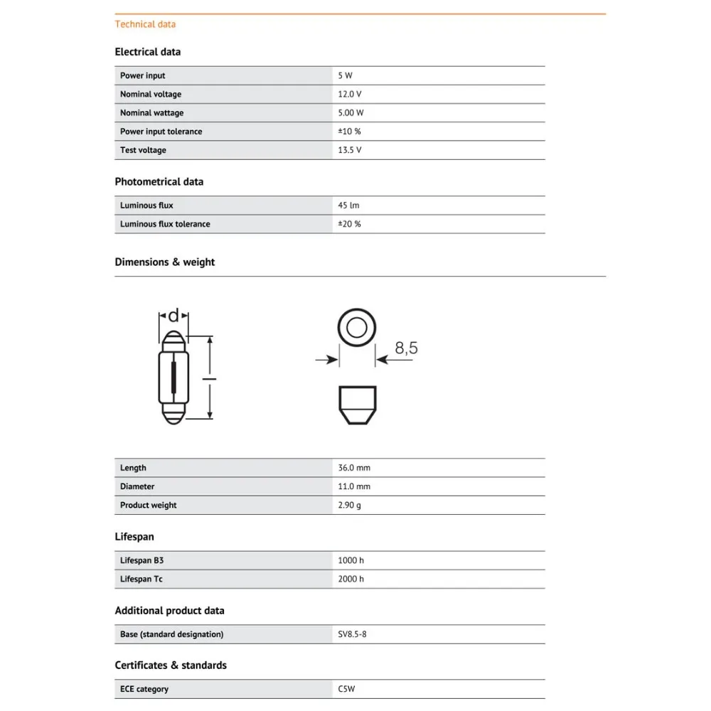 Лампа для чтения OSRAM C5W 6418 внутренняя подсветка Оригинальная лампа 12 В 5 Вт (10