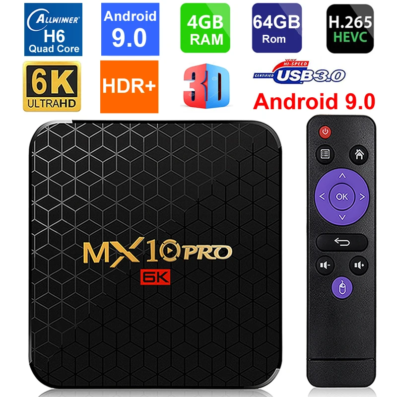 MX10 PRO Android tv Box Android 9,0 Allwinner H6 Четырехъядерный 4 ГБ ОЗУ 64 Гб ПЗУ USB3.0 wifi 6K разрешение H.265 HDR 3D телеприставка
