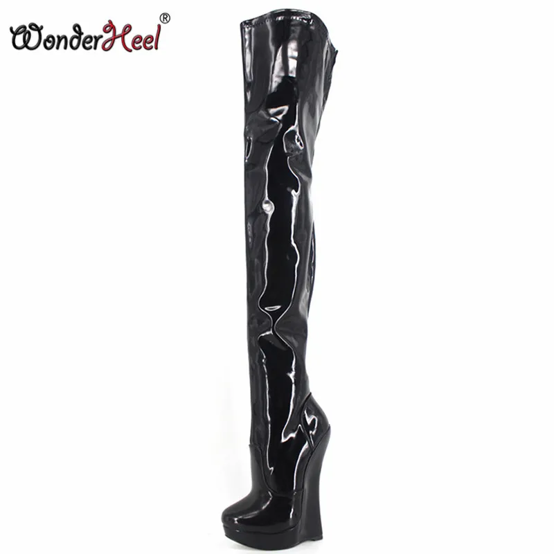 Wonderheel/Новые сапоги до бедра на очень высоком каблуке 18 см на танкетке пикантные сапоги до промежности на высоком каблуке модные сапоги из лакированной кожи - Цвет: Черный