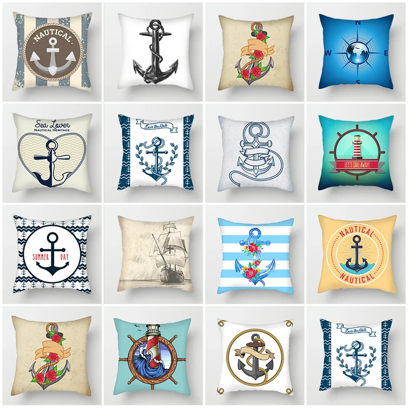 

Fuwatacchi Cartoon Style Anchor Cushion Covers Rudder Compass Pillow Cover For Home Sofa Chair Decorations Square Pillowcases