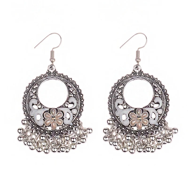 HXE016-1 OIQUEI Boho винтажные индийские Jhumka Большие колокольчики с кисточками Висячие серьги для женщин этнические Цветочные Резные массивные серьги ювелирные изделия - Окраска металла: HXE016-1