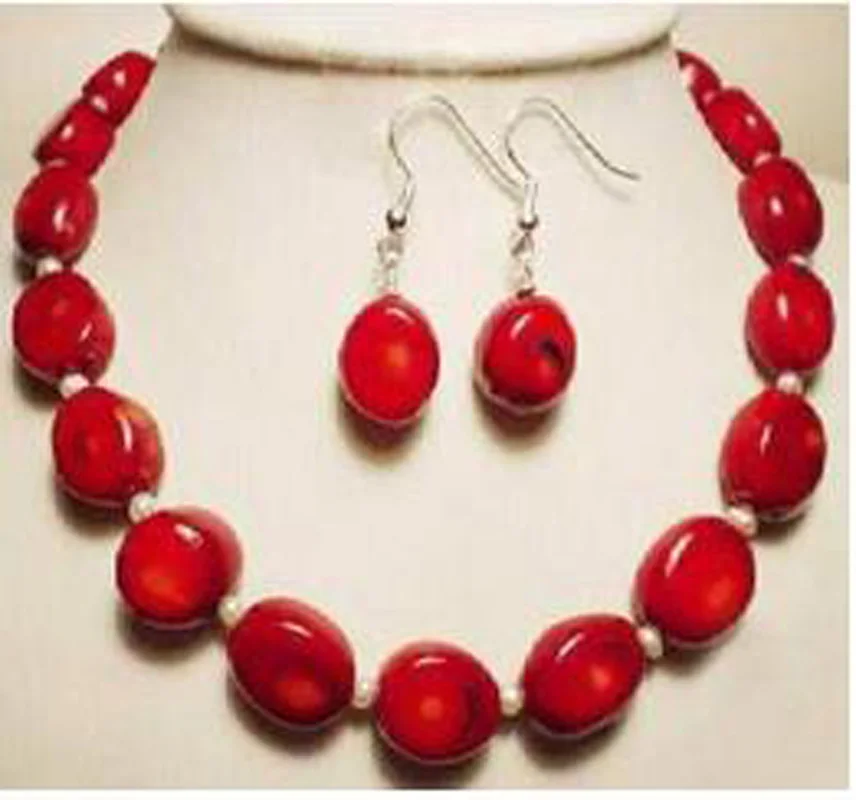 Новые ювелирные изделия Белый Akoya жемчуг и Красный коралл ожерелье серьги BV119 |