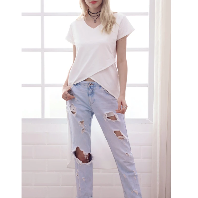 Классический Асимметрия Коротким Рукавом Футболки Женский Короткий Передний За