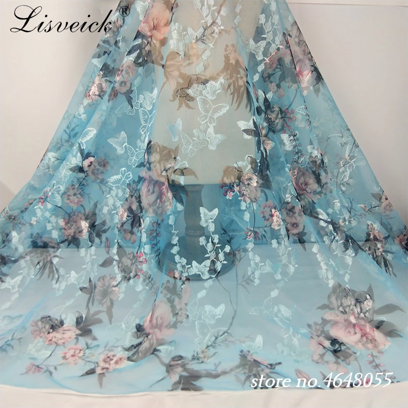 

1yard Diy net yarn Butterfly flower embroidery mesh lace fabrics dress net cloth embroidered fabrics French lace printed fabric