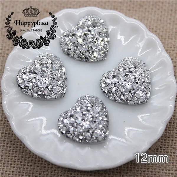 100pcs 100 шт 12 мм Сердце/круглый блестящий черный AB/Серебристые друзы каменная поверхность смолы Стразы с плоским основанием Кабошон DIY аксессуары для рукоделия - Цвет: 100pcs