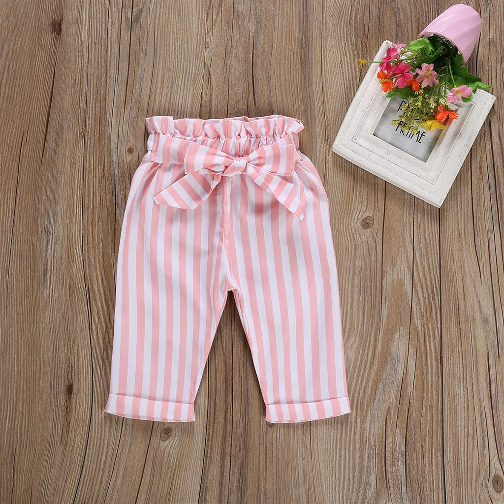 Newborn Kids Baby Girls Outfits Off Shoulder Romper Jumpsuit+Stripe Pants Set |