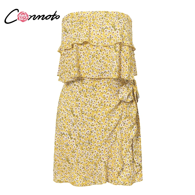 Light Yellow Conmoto желтое женское платье с рюшами и цветочным рисунком без бретелек вечерние летние платья сексуальное короткое пляжное платье Vestidos - Цвет: Light Yellow