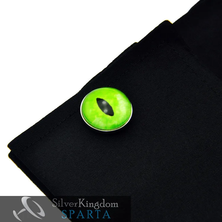 Мужские Запонки с зеленым драконом SPARTA покрытые белым золотом + бесплатная