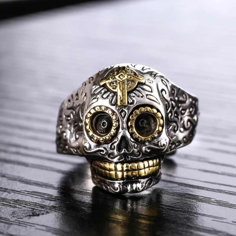 ZABRA 925 Sterling Silver Skull Gold Color Cross Ring for Mens Vintage Punk Rock Gothic Bague Argent Men Jewelry Anel Masculino | Украшения