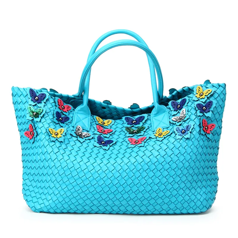 Знаменитости Женские плетеные кожа сумка с бабочкой большой ёмкость корзина