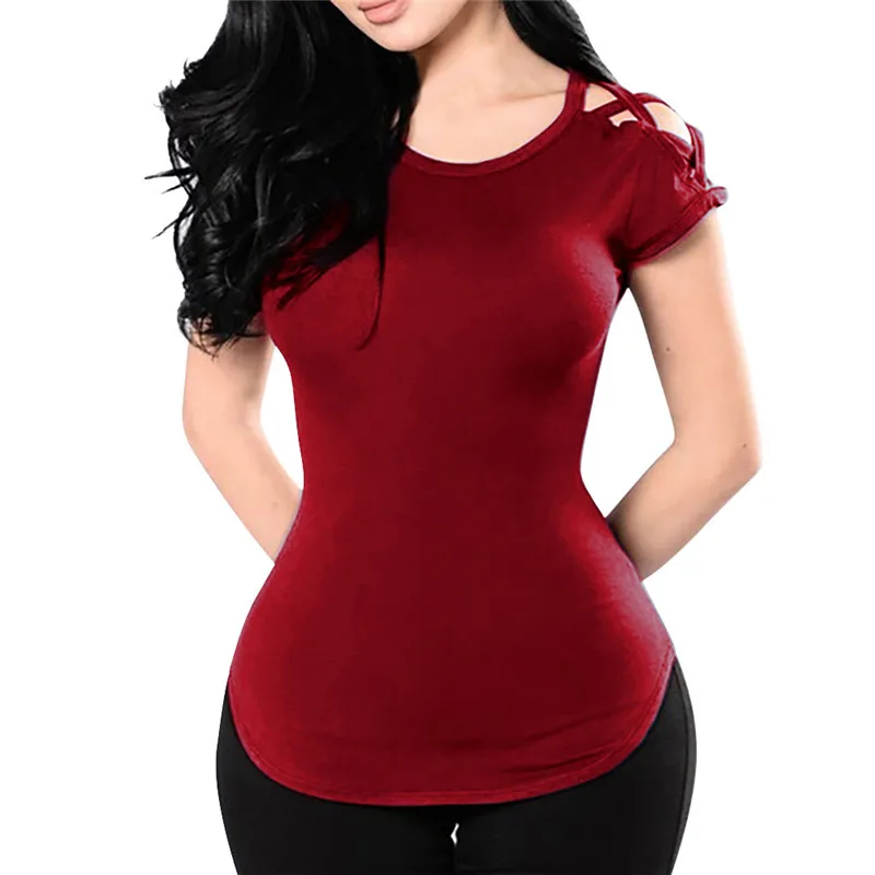 Red Feitong Summer Bandage V-Neck Fashion Women Cold Shoulder Slim Tee Top Ladies Shirt Casual Short Sleeve Blouse Female Blus - Цвет: Red