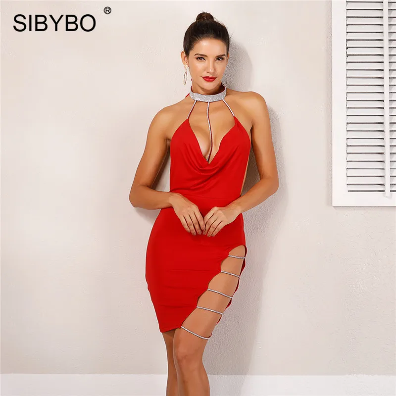 Женское вечернее платье с завязками Sibybo, платье мини со стразами, с открытой спиной и плечами, без рукавов, с вырезами, платье для клуба, для ношения летом