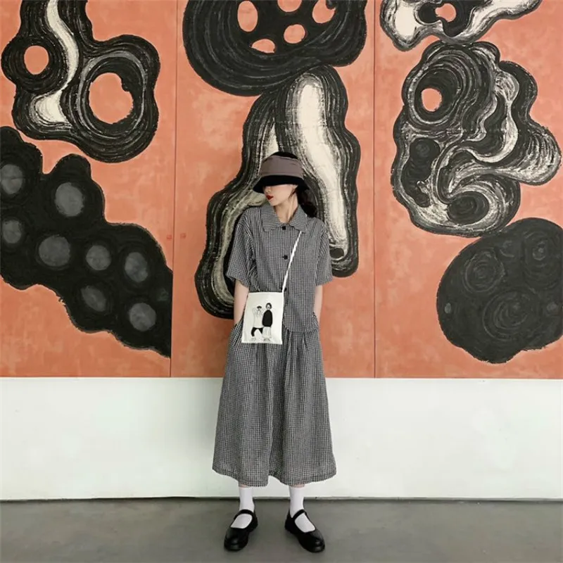 Женский летний свободный винтажный клетчатый комплект из 2 предметов