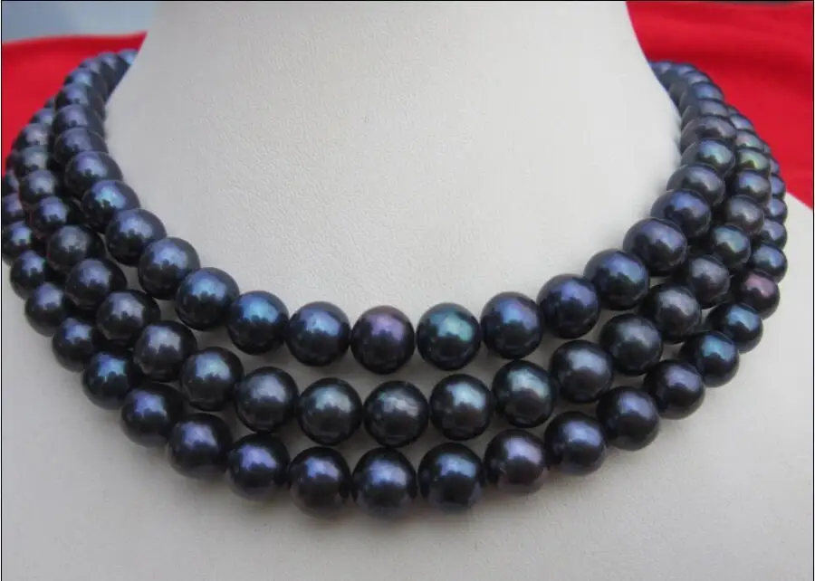 49 &quot9-10 мм натуральный Таити черное синее жемчужное ожерелье желтого золота