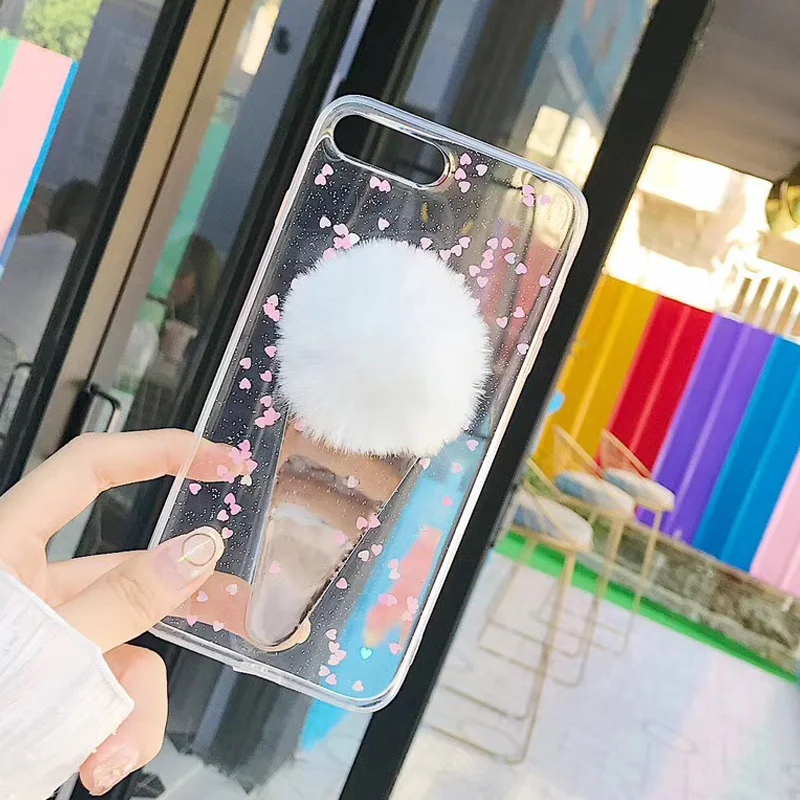 NPHACC Cute DIY Ice Cream Fur Ball Phone Case for Iphone 6 6S Plus 7 8 X Transparent Soft TPU Love Heart Back Cover Coque |