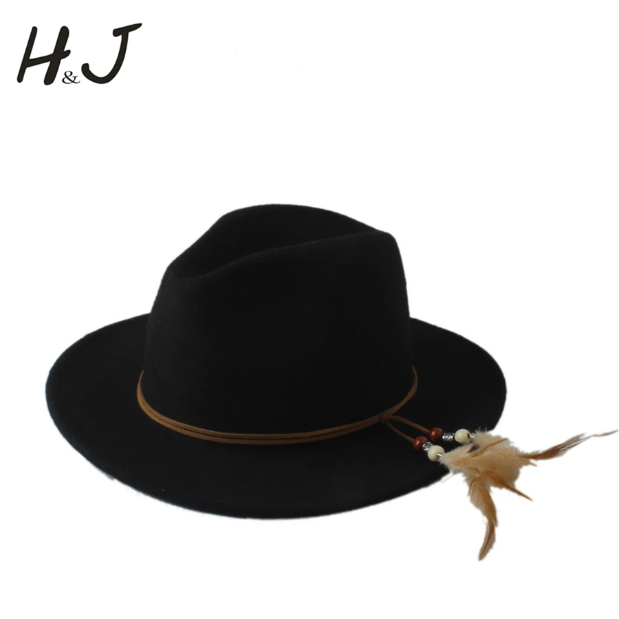 Новая модная шерстяная Унисекс Женская широкая шляпа с полями Fedora Для Laday Мужская шерстяная Панама с перьями повязка на голову джазовая шляпка для церкви