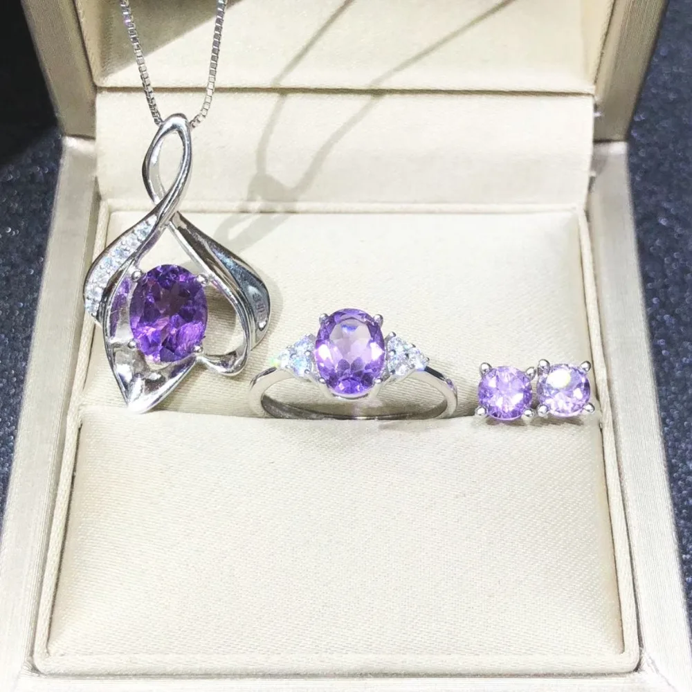 

Nature Amethyst Crystal Ring Earrings Necklace Jewelry Set Fine 925 Sterling Silver Woman Gemstone Jewelry Set for Party Wedding