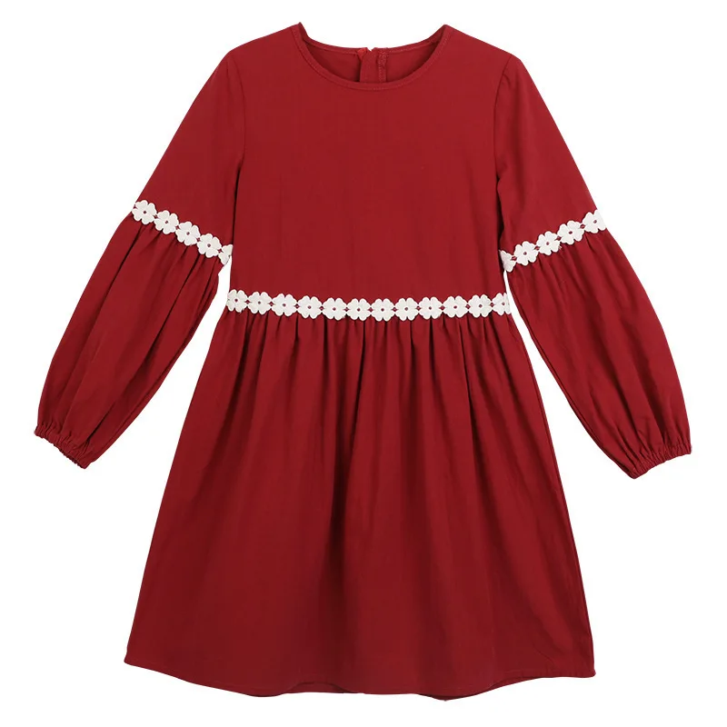 floral patchwork red lantern sleeve school new arrival girls dresses a line teen 14 12 10 8 6 4 children clothing | Детская одежда и