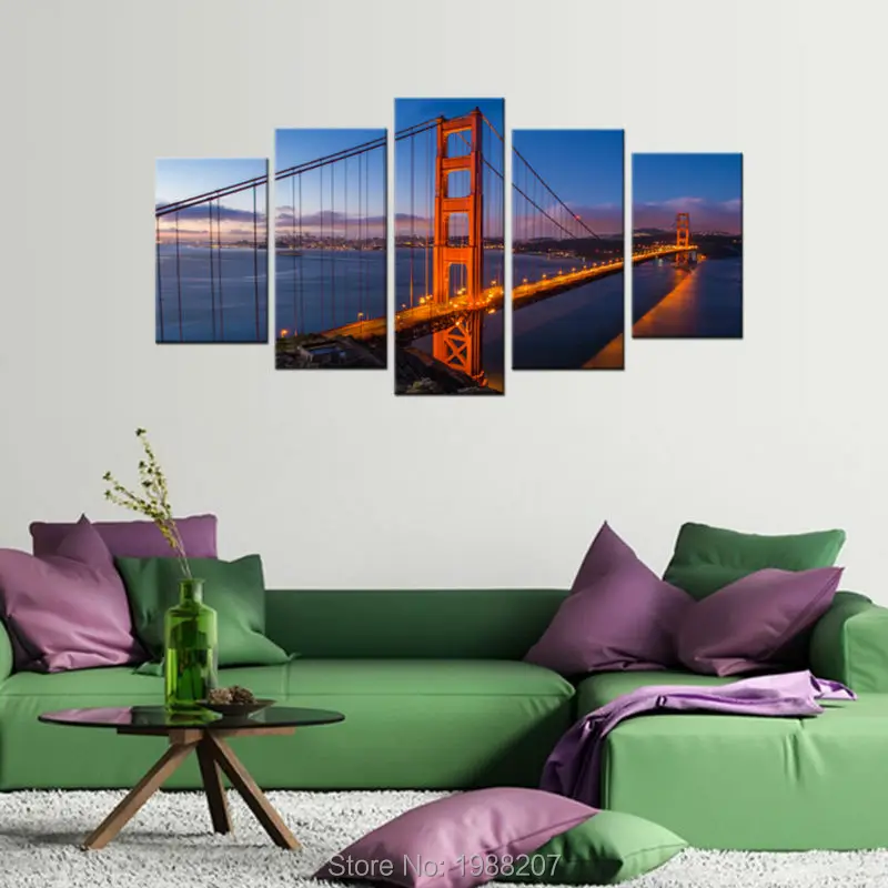 5 панелей холст картины современных Сан-Франциско картина мост напечатаны с