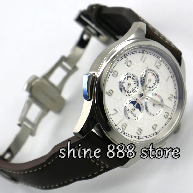 Часы Parnis 44 мм с белым циферблатом раскладная застежка серебристые стрелки фазы