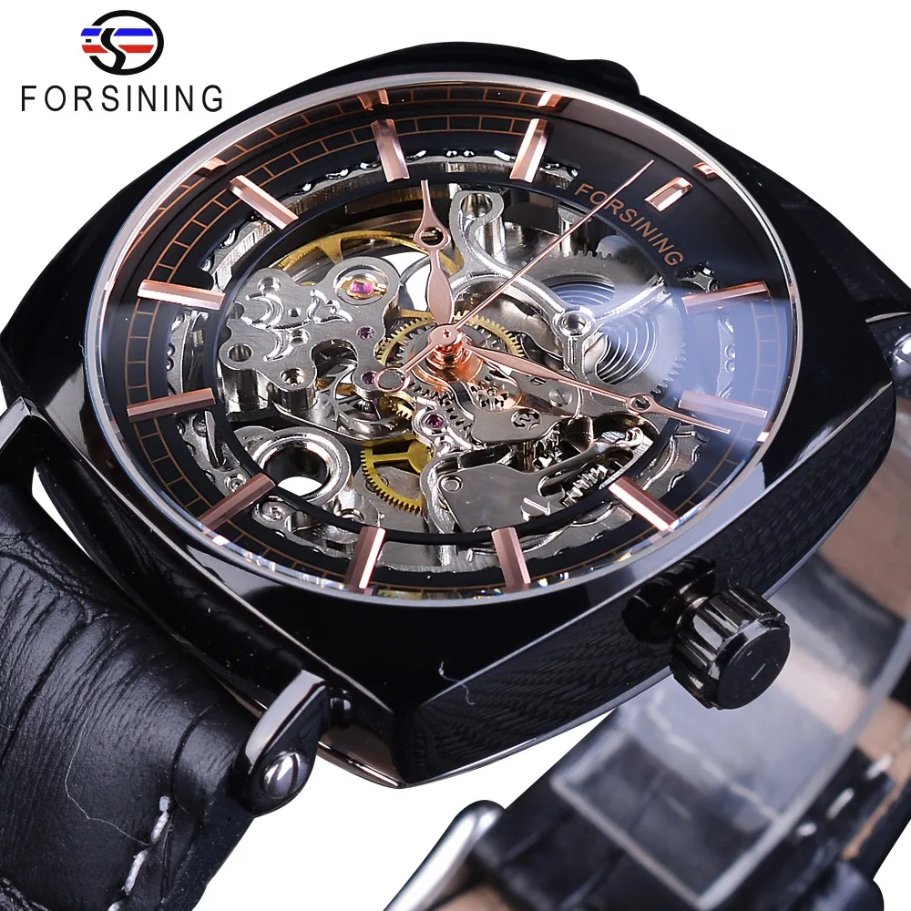 Forsining часы цвета розового золота прозрачный чехол с цветами черный ремень из