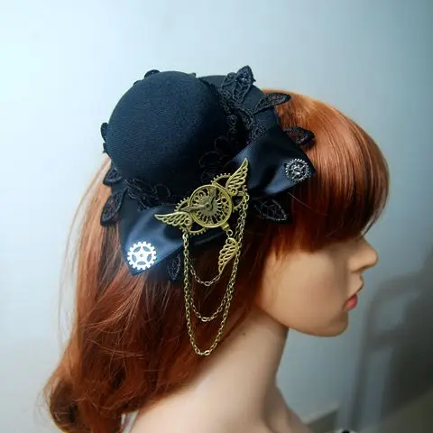 

Women's Steampunk Victorian Mini Top Hat Costume Clock Gear Chains Hats Handmade Hair Clip Accessory Goth