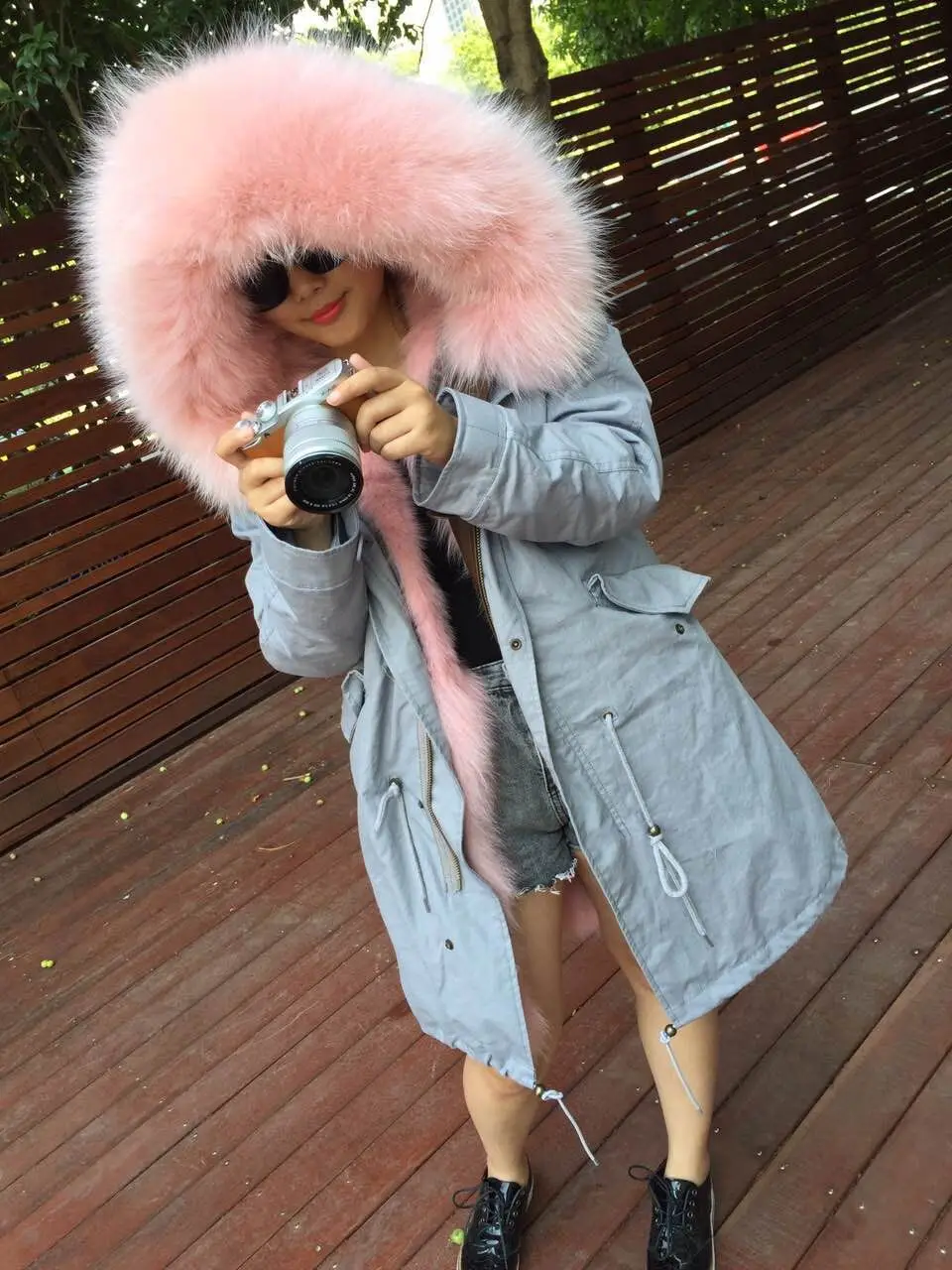 2020 Женская армейская зеленая легкая парка из натурального Лисьего меха розовая