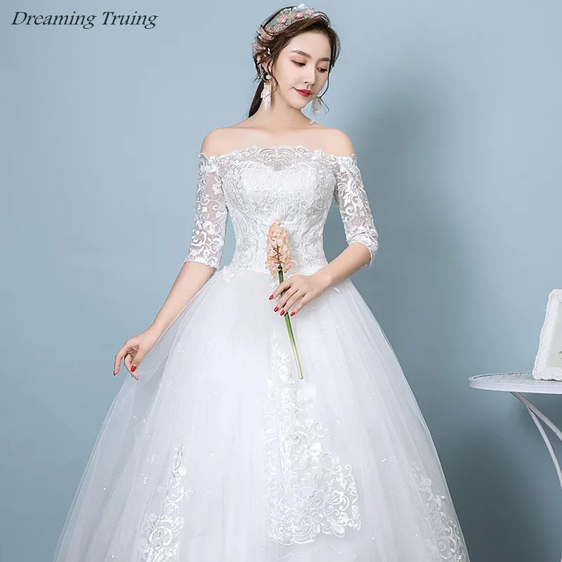 Shiny Half Sleeve Ball Gown Wedding Dresses With White Appliques Lace Up Boat Neck Off Shoulder Bridal Dress Robe De Mariee 2019 | Свадьбы и