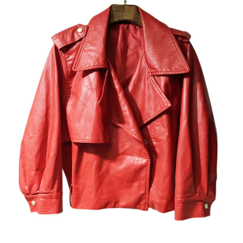 Loose Office Lady Women Faux Leather Jacket Fashion Solid Winter Turn-down Collar Motorcycle PU Coat | Женская одежда