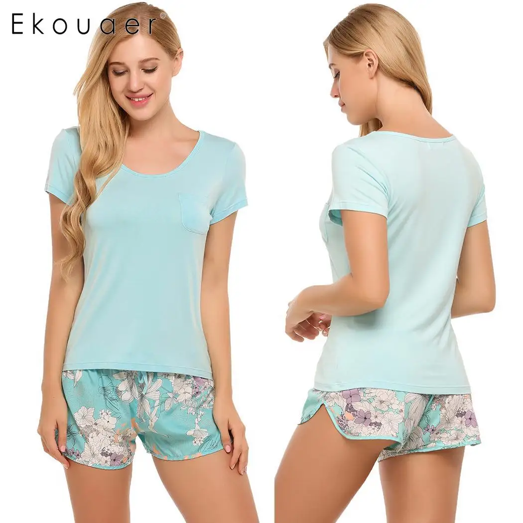 Ekouaer/женские пижамные комплекты из 100% хлопка пижамы с коротким рукавом и круглым