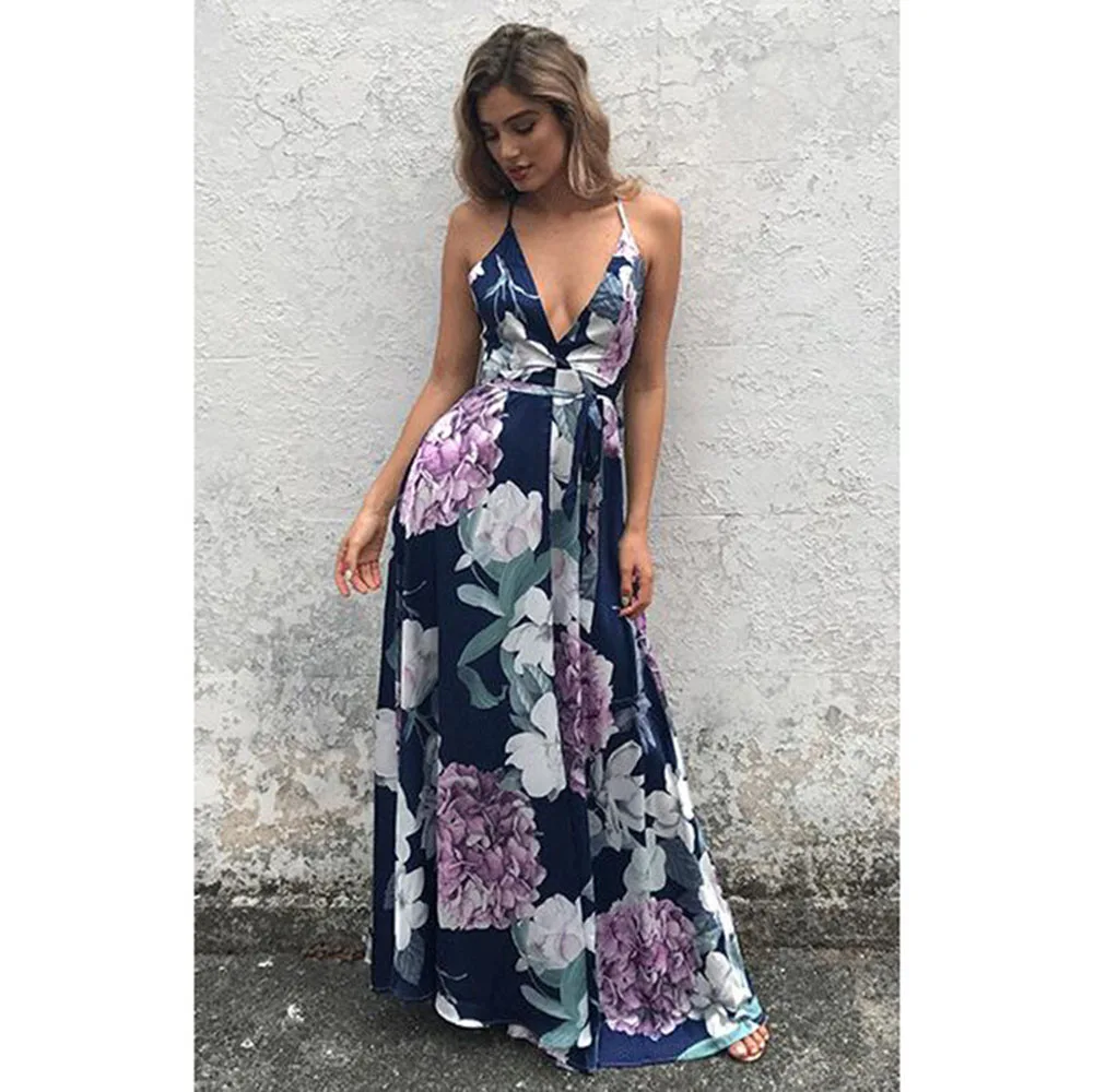 Женское длинное платье на бретельках шифоновое с v образным вырезом и бантом