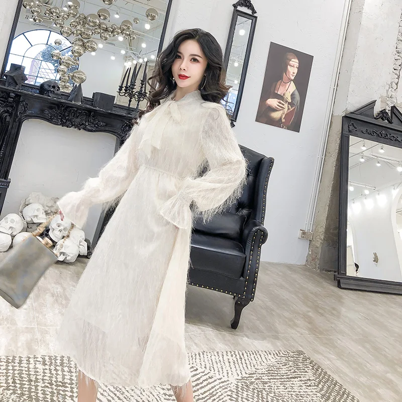 Женское шифоновое платье средней длины с бантом и бахромой весна-осень новинка