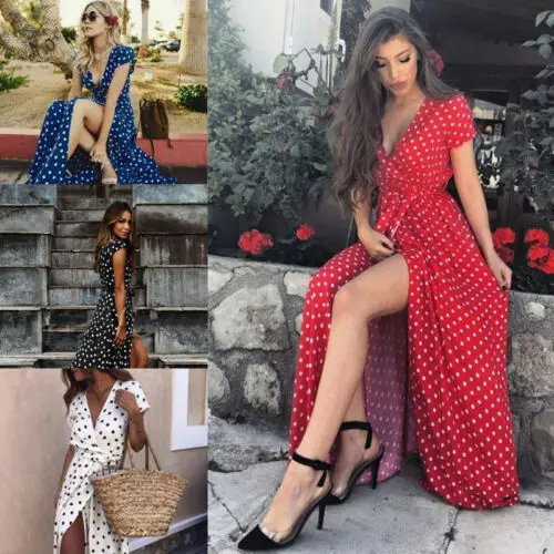 ZOGAA Women Boho Wave Point Maxi V Neck Long Dress Summer Beach Slit Spilt Sundress Dot vintage sexy women dress | Женская одежда