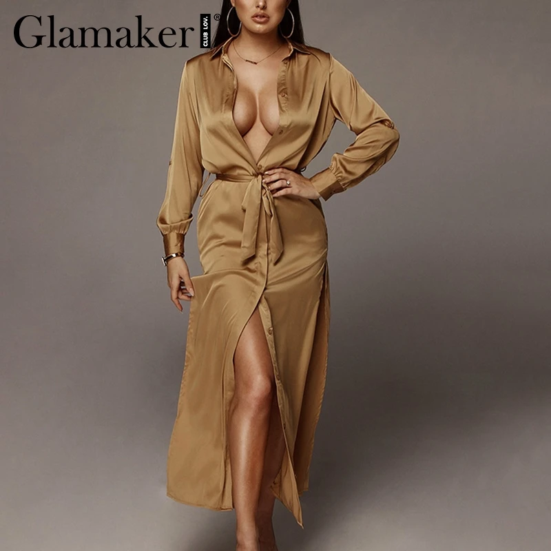 Glamaker Сексуальное Женское Платье-макси из сатина с высоким разрезом летнее