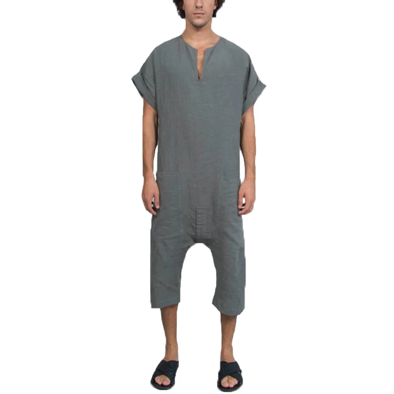 Ethnic Islamic Rompers Mens Jumpers Fashion Jumpsuits V Neck Muslim Islamic Kaftan Overalls Working Pockets Trouser Coveralls