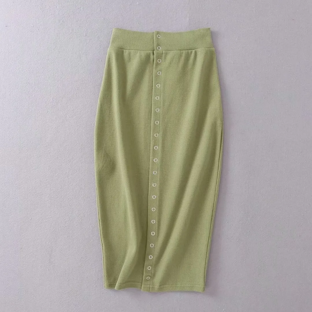 GREEN SKIRT Однотонные вязаные пуговицы спереди Женский комплект 2 шт. костюм Bodycon обтягивающая, с открытыми плечами комплект: укороченный топ и юбка Летняя одежда комплект из двух предметов - Цвет: GREEN SKIRT