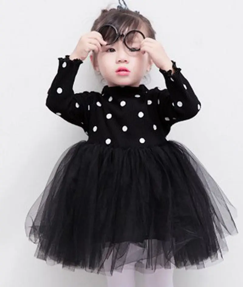 Kids Baby Girls Knitted Dresses White Black Pink Princess Long Sleeve Dot Lace Tutu Dress Ball Gown Clothes Autumn | Детская одежда и