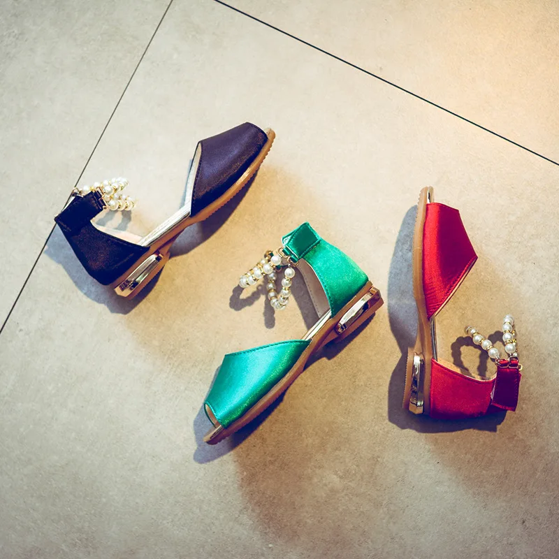 Kids Sandals Girls Princess Shoes New Summer Child Sandals Fashion Fish Mouth Pearl Girl Sandals High Heels Green Red Black