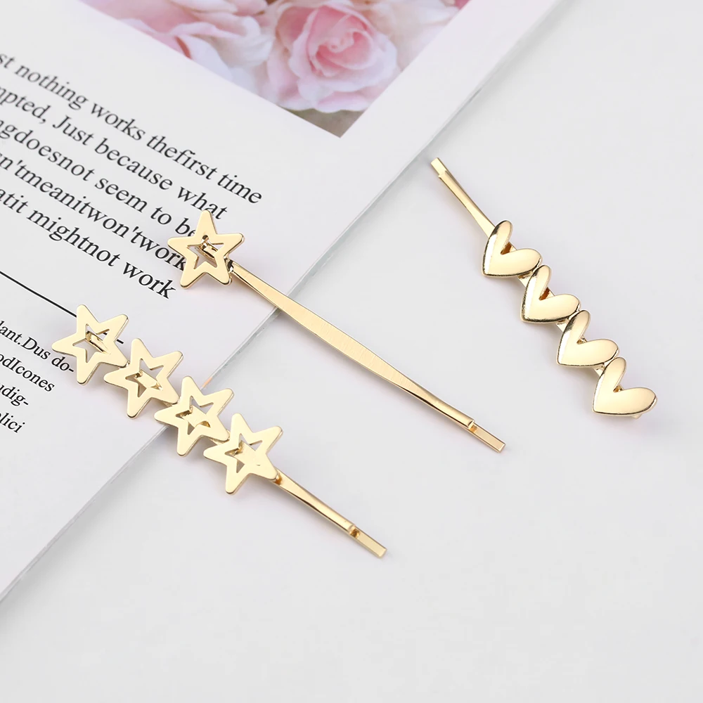 Korea Simple Metal Hairpins for Women Hollow Star Heart Shape Hair Clips Gold Color Smile Face Hairgrip Styling Accessories | Красота и