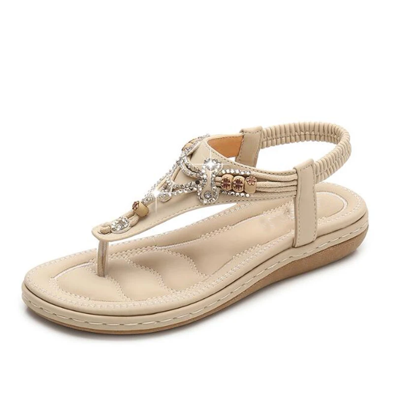 2019 Retro women's shoes round head Solid color sandals summer Leisure Comfort beach beaded rhinestone flat mm313 | Обувь