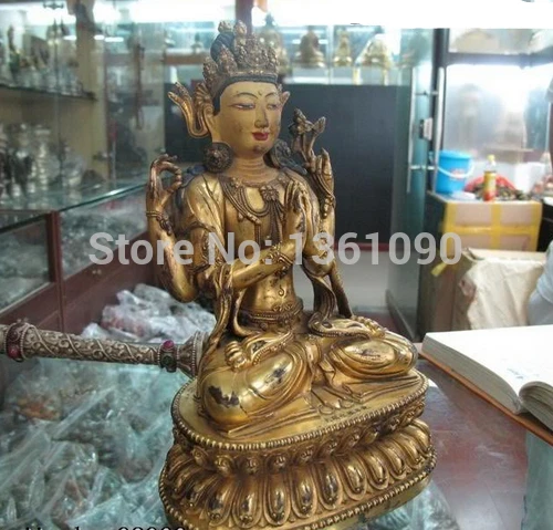 Xd 00664 10 &quotТибет Lhasa Fane чистая бронза 24K позолоченная четырехрука Kwan-Yin статуя Будды