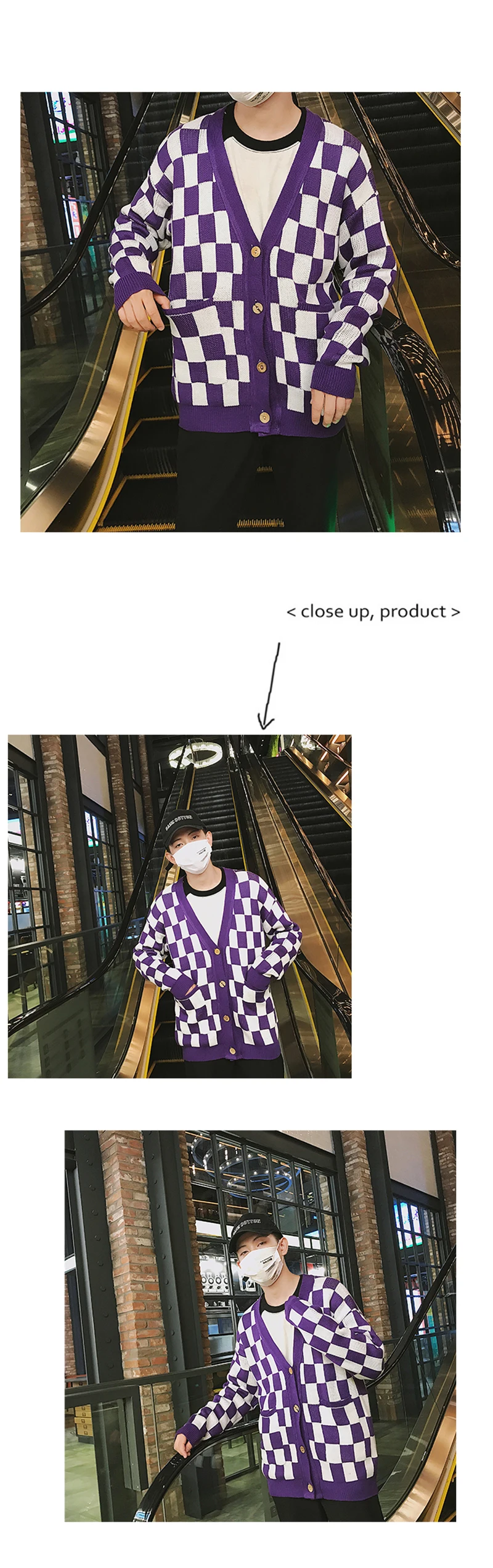 Plaid Oversized Sweater Men Hip Hop Mens v Neck Knit Cardigan Hombre Korean Checked Vintage Knitted Jacket Sweaters Mens Stylish