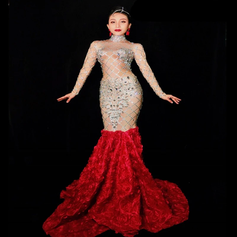 Женские блестящие со стразами в виде красных роз платье шлейфом детское леди