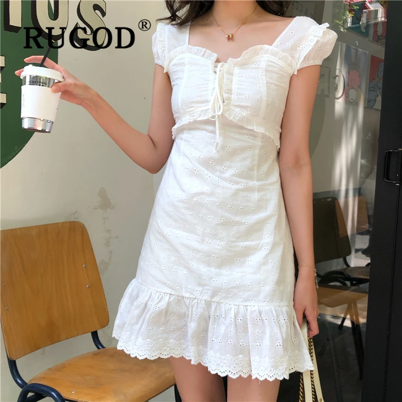 

RUGOD Elegant puff sleeve lace hollow out women dress Korean chic lace up mini dress Fashion white summer dresses vestidos 2019