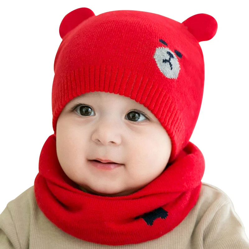 Cartoon Baby Hat Scarf Set Spring Cotton Beanie For Girls Cute Bear Soft Newborn Boys Clothing | Детская одежда и обувь